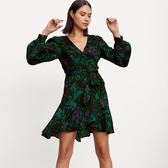 NWT Velvet by Graham & Spencer Green and Purple Bridget Printed Satin Wrap Dress - Picture 6 of 6